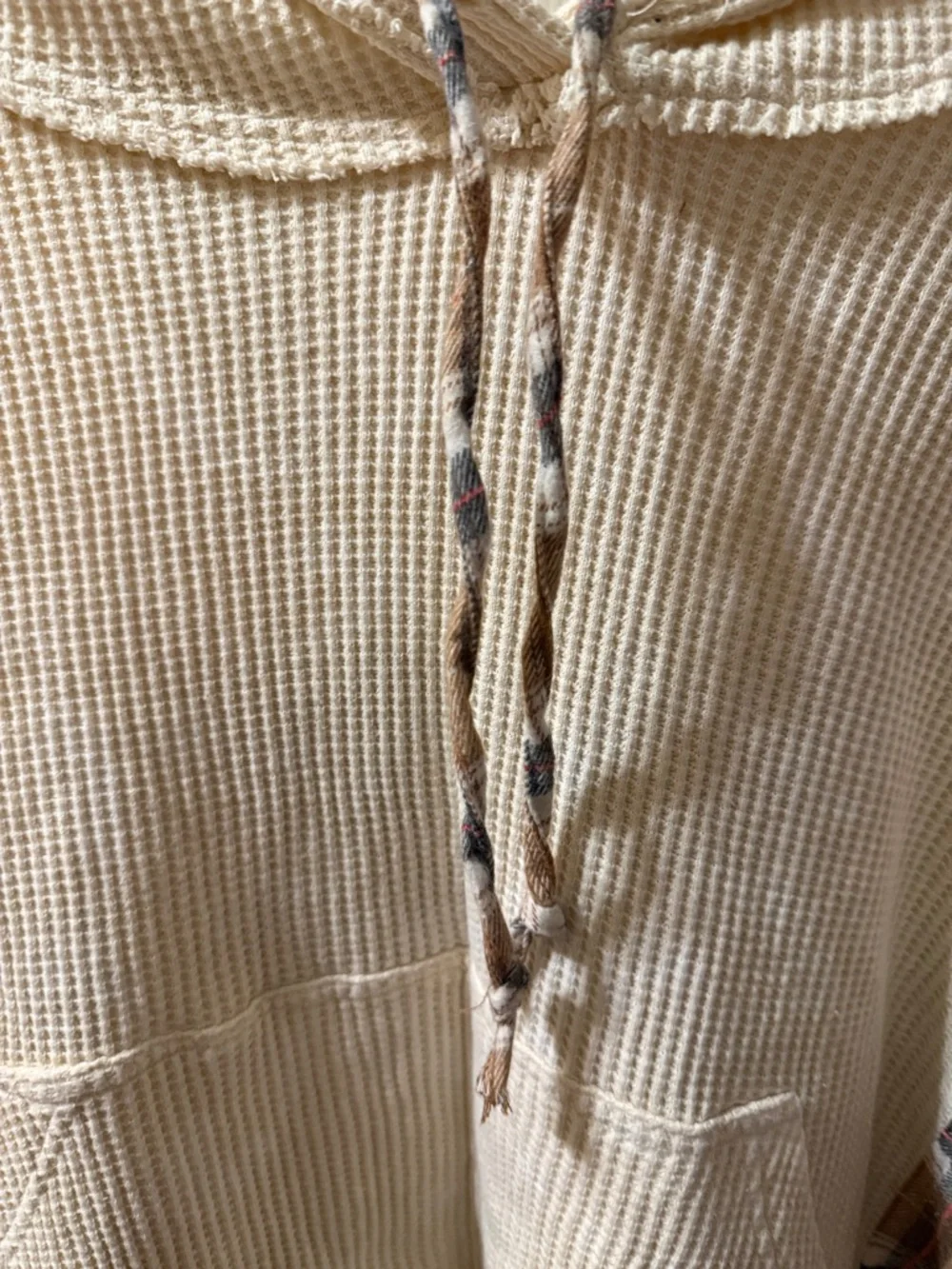 Oli & Hali Cream Waffle Knit Hoodie with Brown Plaid Accents - Picture 4 of 7